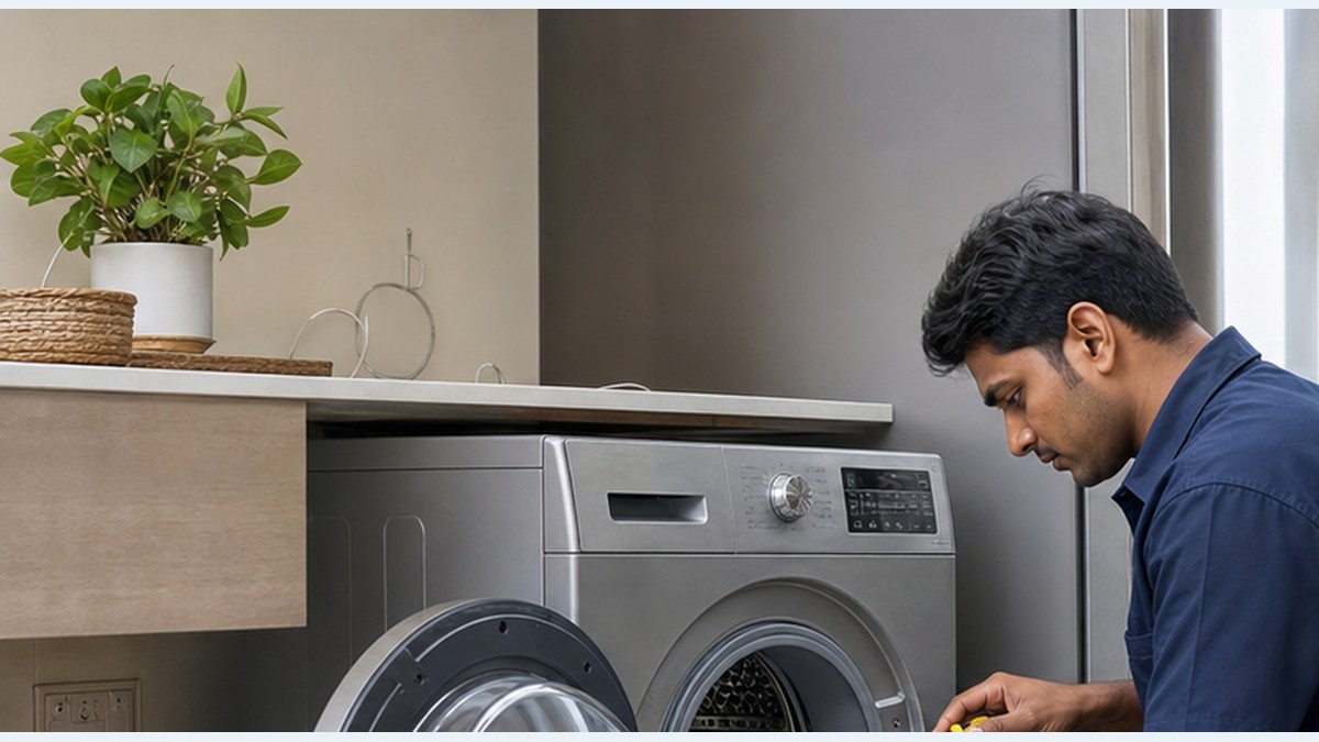 Indian technician repairing washing machine control board