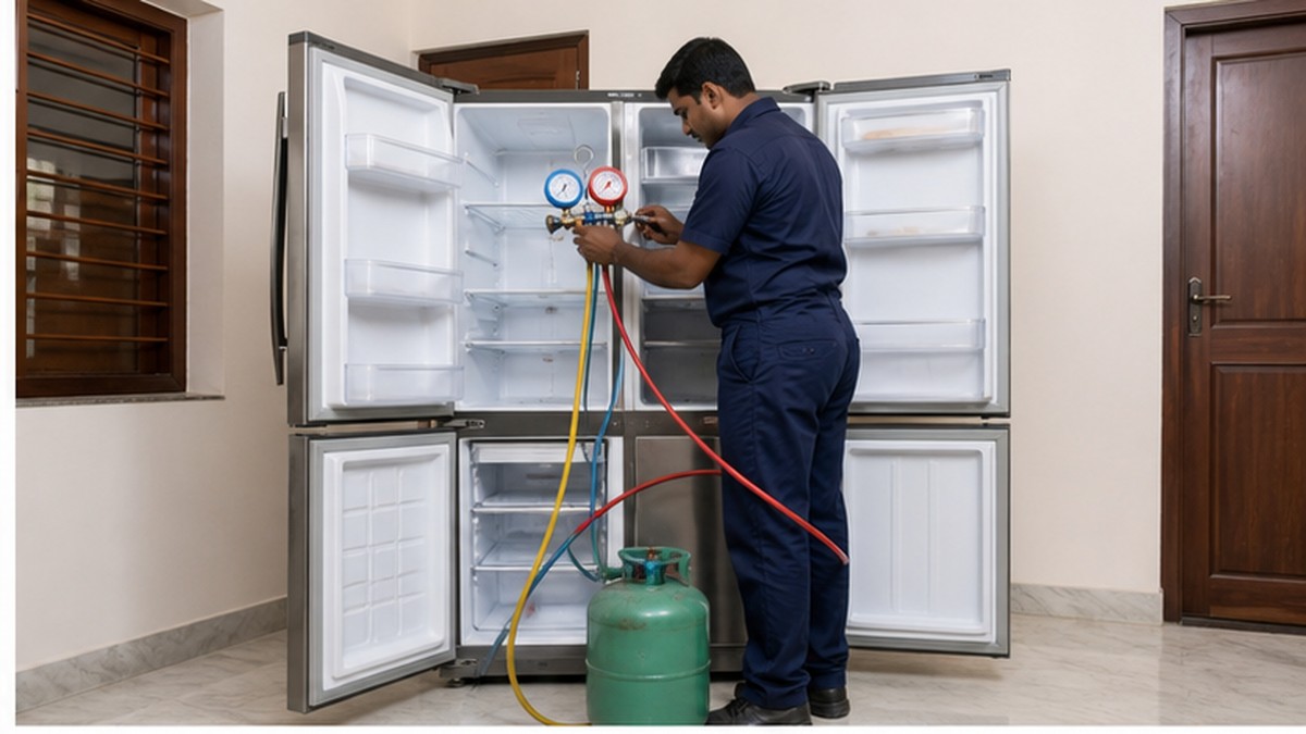 Indian technician diagnosing refrigerator electrical components