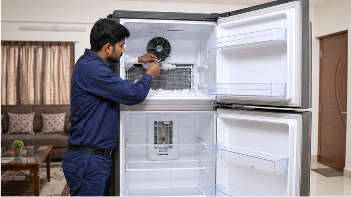 Indian technician checking refrigerator circuit components