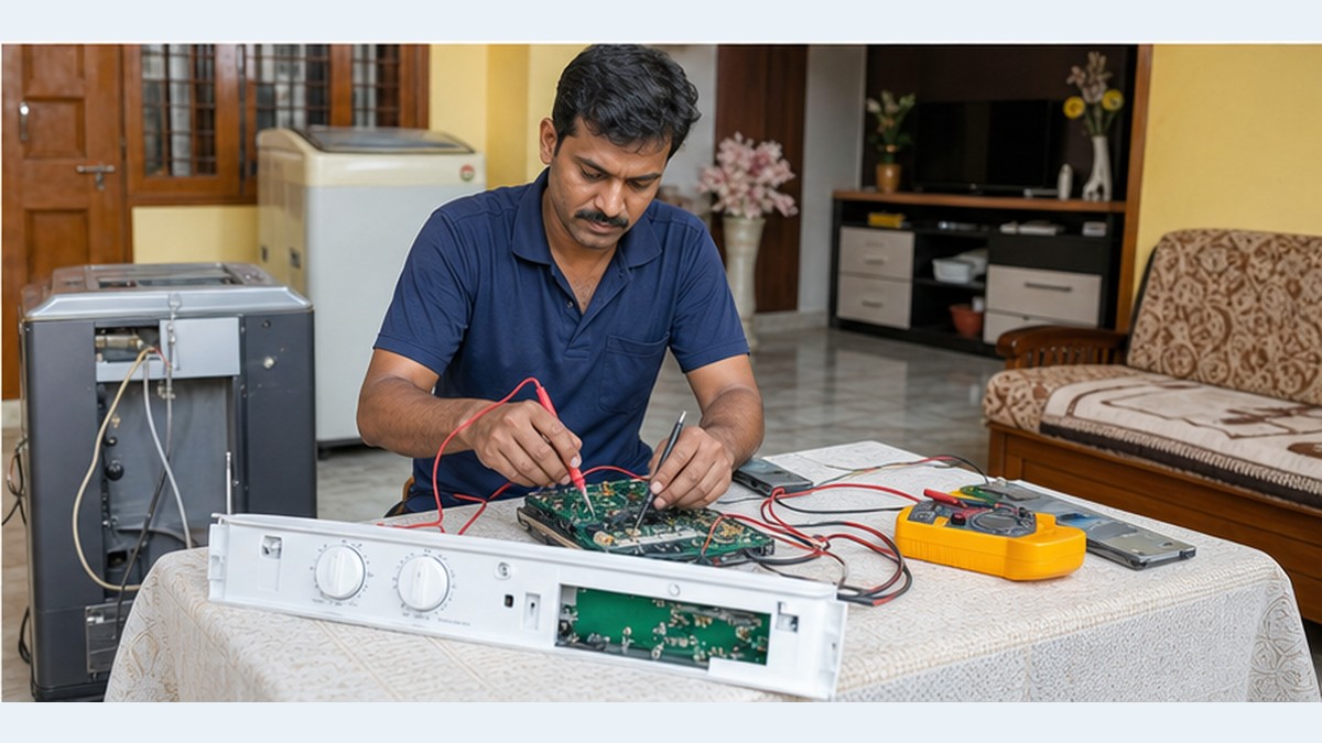 Indian washing machine PCB repair technician