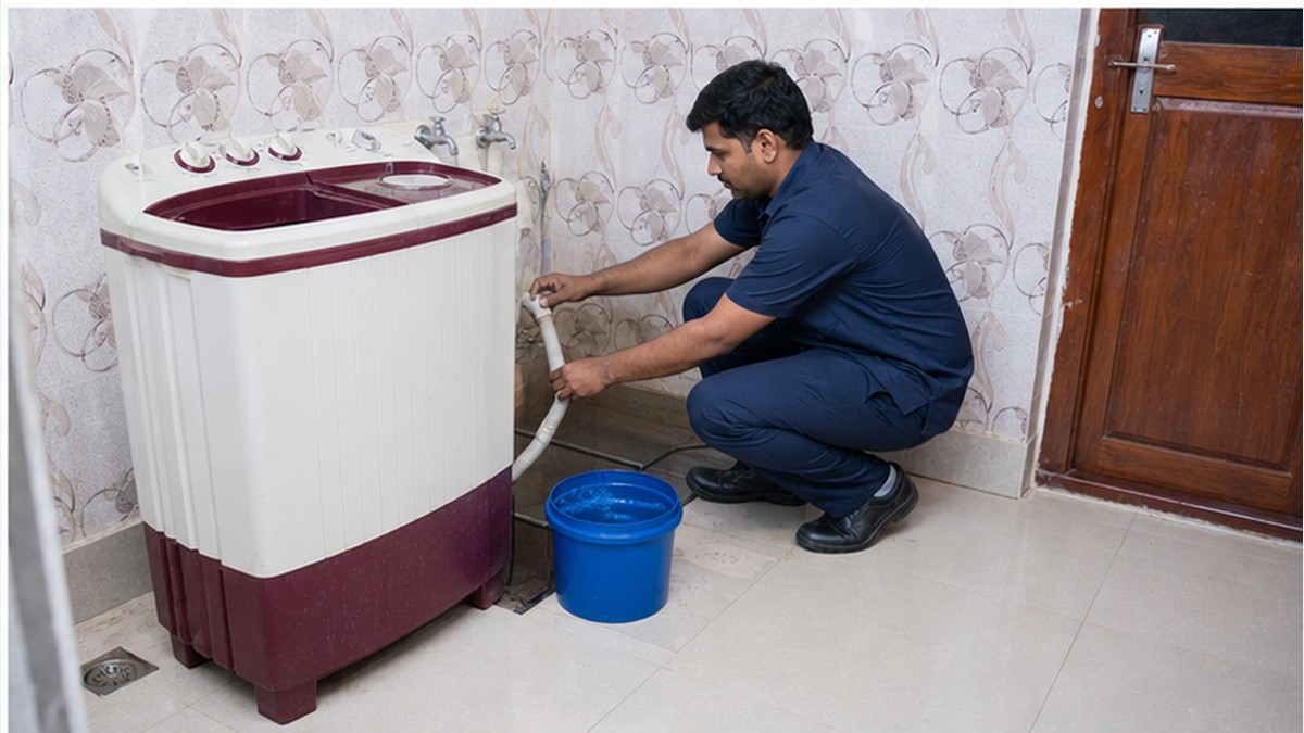 Indian technician testing washing machine electrical components